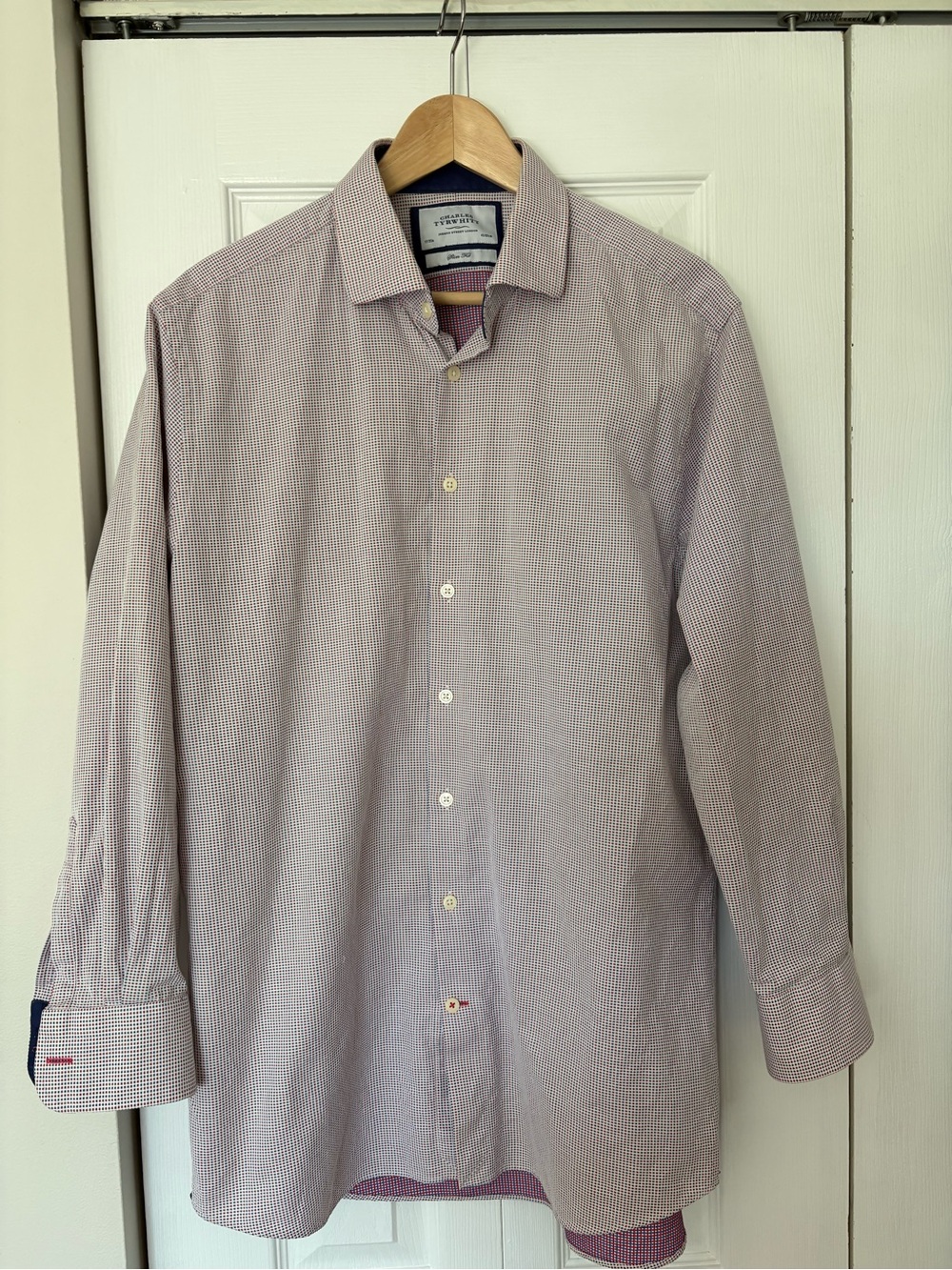 Charles Tyrwhitt Non-Iron Slim Fit Dress Shirt 17/35 Red Blue Check
